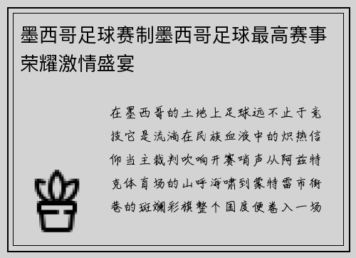 墨西哥足球赛制墨西哥足球最高赛事荣耀激情盛宴